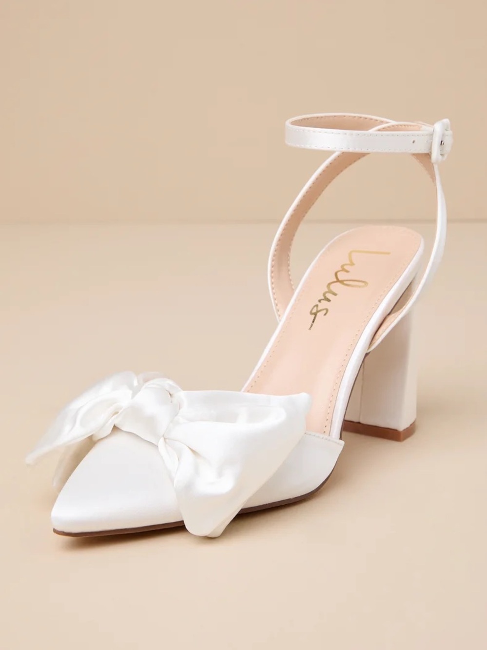 NEW Lulus Ivory Satin Bow Pointed-Toe Bridal Block Heel Sandals